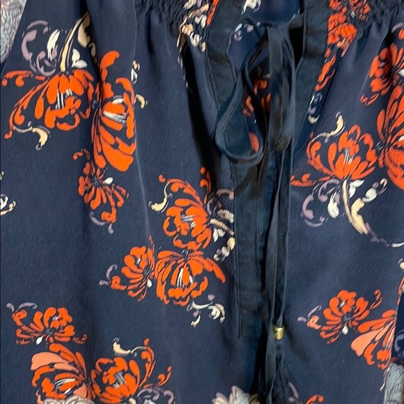 Anthropologie Meadow Rue Blue and Tan Boho Blouse Tie Front 3/4 Sleeve 100% silk - Picture 5 of 10